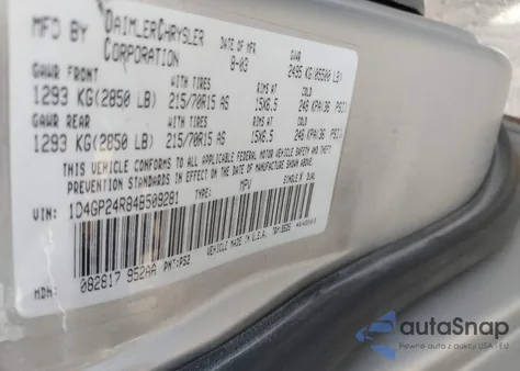 2004 Dodge Grand Caravan Se z USA, uszkodzony, nr VIN 1D4GP24R84B509281